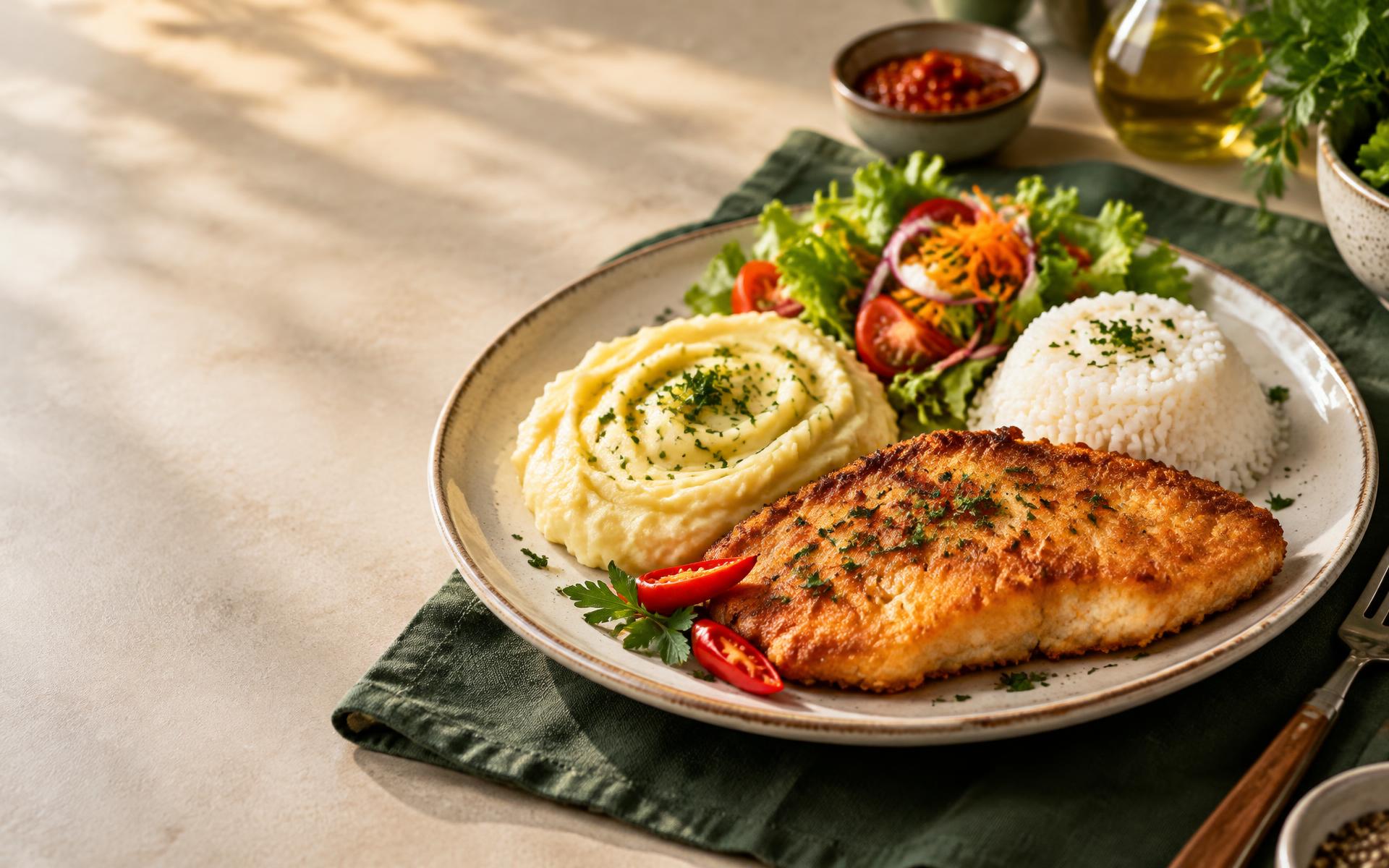 Refeição brasileira com peixe, purê, arroz e salada
