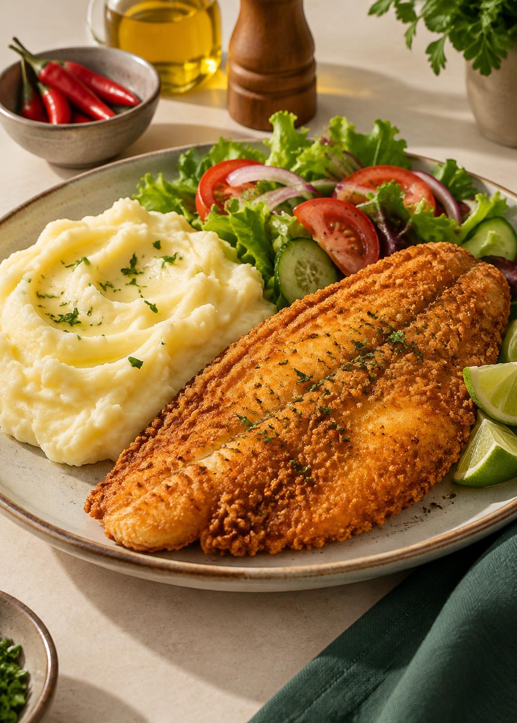 Tilápia empanada com purê de batata